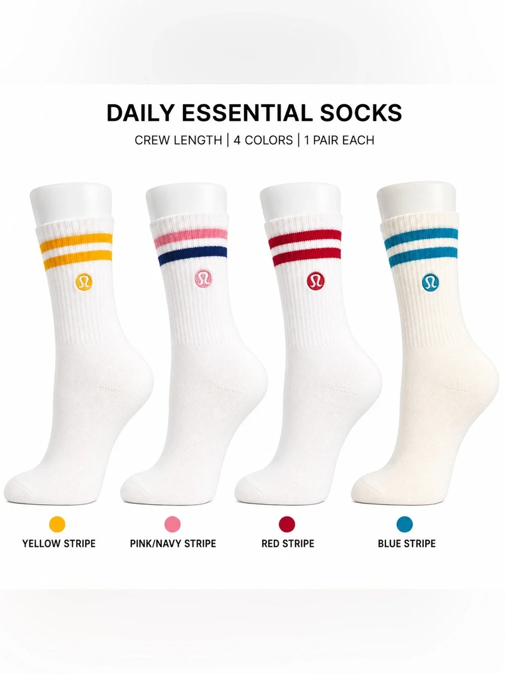 Lululemon Daily Essential Crew Socks XL 4 Pair Bundle White Striped NWT